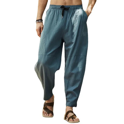 Men's Cotton Linen Pencil Pants Summer Loose Elastic Waist Hip Hop Trousers Solid Color Breathable Casual Joggers