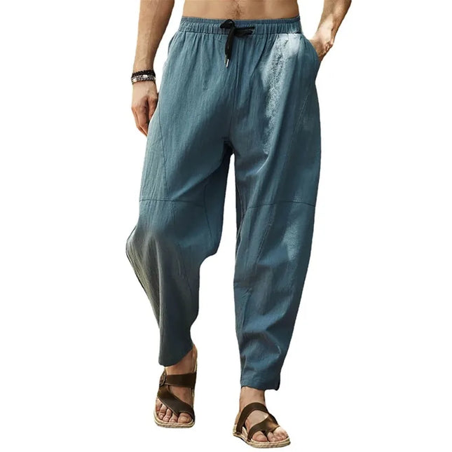 Men's Cotton Linen Pencil Pants Summer Loose Elastic Waist Hip Hop Trousers Solid Color Breathable Casual Joggers