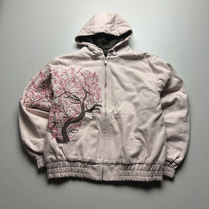 Y2K New American Casual Cherry Blossom Embroidery Zipper Hoodie Men Street Fashion Trend Fleece Padded Sweatshirt Unisex Hoodie