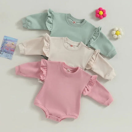 Baby Sweatshirt Romper Ruffle Long Sleeve Round Neck Solid Color Bodysuit Infant Fall Outfit