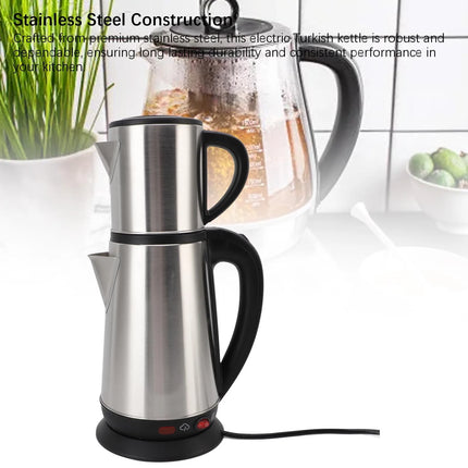 220V Electric Turkish Kettle Set 1L & 2L Stainless Steel Black Herbal Tea Maker Double Kettle Turkish Teapot for Home
