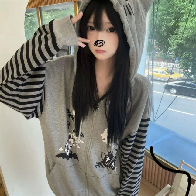 Cat Ear Hooded Sweatshirts Jackets Women Clothing Y2k Tops Patchwork Striped Anime Hoodie Ropa Mujer Casual Fashion Hoodies Coat