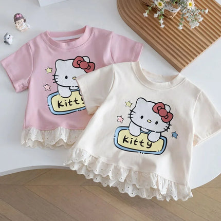 Sanrio New Hello Kitty Cute and Trendy Children T-shirt Summer Daily Outdoor Sports Party Casual Street Short-sleeve