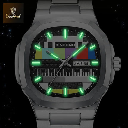 BINBOND Creative TV Dial Men's Watches New Fashion Original Retro Design Luminous Quartz Wristwatch For Man With Calendar Week