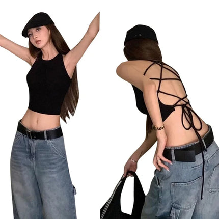 Y2K Women's Tops Backless Crop Top Sleeveless Sexy Cute Black Vest Tank Top Summer Cropped Vest Female 2000s Clothing