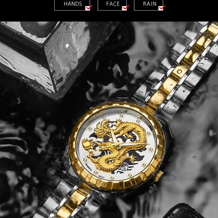 WLISTH Men's Watch 3D Golden Dragon Original Quartz Watch for Men Dragon Dial Waterproof Luminous Date Stainless Steel Watches