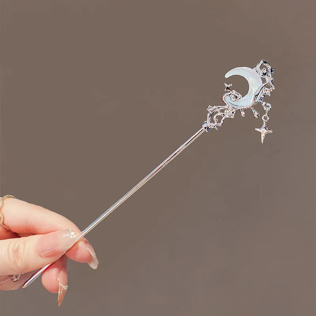 Romantic Moonstone Star Moon Hair Stick Metal Branch Hairpin Hair Fork Chinese Style Hair Accessories for Girls Hair Headwear