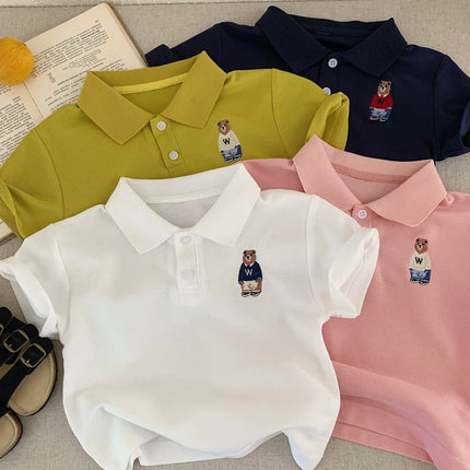 Children's Summer Polo Shirt Cartoon Bear Print Baby Collar Short Sleeve Unisex Kids' Fashion Top for Boys And Girls