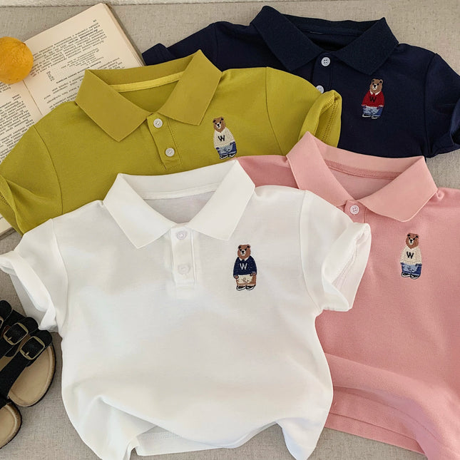 Children's Summer Polo Shirt Cartoon Bear Print Baby Collar Short Sleeve Unisex Kids' Fashion Top for Boys And Girls