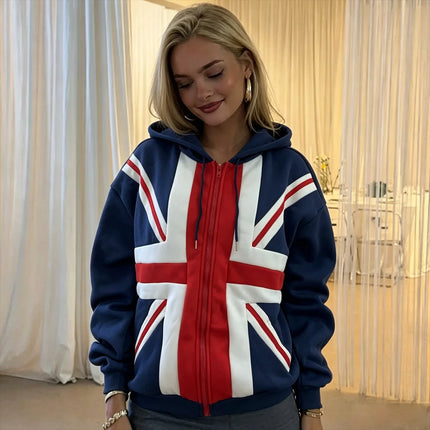2026 Autumn Winter New Retro Flag Hooded Sweatshirt Zipper Jacket Relaxed Daily Casual Street Fashion Men Women Hoodie