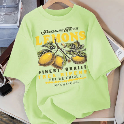 Lemons Fruits Premium Fresh Printing T Shirt Woman Loose Cotton Sportswear O-Neck Casual T Shirts Loose All-Match Short Sleeve