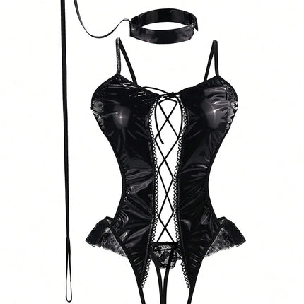Women Sexy Faux Leather Bodysuit with Choker Chain Wrist Cuffs Hollow Out One-Piece Lingerie Erotic Nightwear for Clubing Party