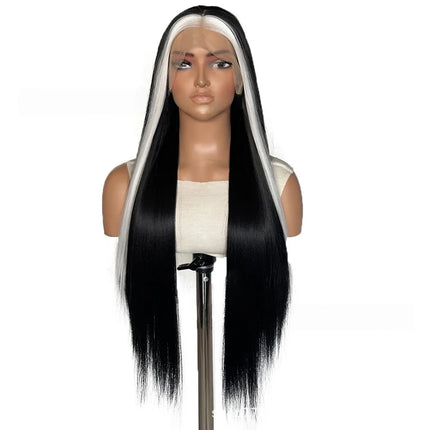 Women's Lace Front Wig Hand Hooked Black with White Highlights Long Straight Heat Resistant Synthetic Lace Wig For Cosplay
