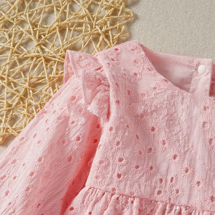 Long-sleeved Short Skirt Suit Casual Fashion Girls Openwork Oattern Design Solid Color Two-piece for Spring and Autumn Wear