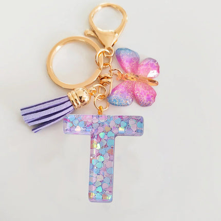 Fashion Butterfly Fringe Initial Keychain Drop Glue Blend Sequin A-Z26 Letter Keychain Cute Ladies Student Bag Accessory Gift
