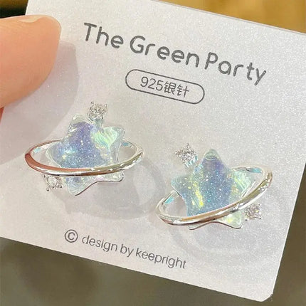 Kpop Y2K Blue Crystal Star Pendant Earrings for Women Exquisite Elegant Zircon Bowknot Pentagram Earrings Jewelry Birthday Gifts