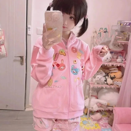 Y2k Harajuku Sweet Girls Pink Hoodies Japanese Kawaii Cartoon Print Long Sleeve Hooded Zipper Coats Women Cute 2000s Chic Jacket