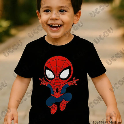 2026 New Cute Spider-man Cartoon Print Children Cotton T-shirt Summer Short Sleeve Tees Boys Girls Clothes Casual Kids/Adult Tops