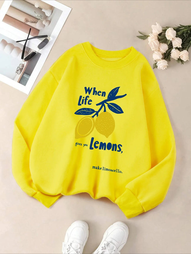 When Life Gives You Lemons Make Limoncello Prints Women Pullover Autumn O-Neck Sweatshirt Hip Hop Clothes Fleece Casual Tops
