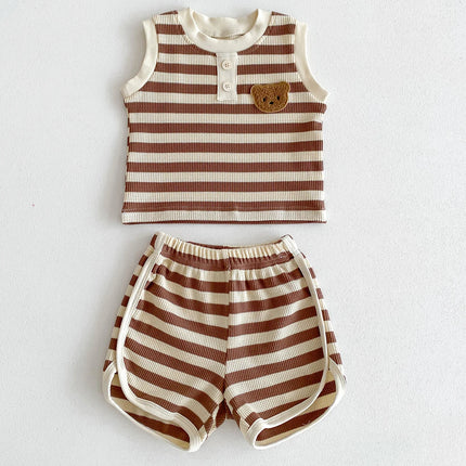 2024 New Summer Baby Stripe Clothes Set Girls Waffle Bear Sleeveless Top+Pants Toddler Infant Outwear 2PCS