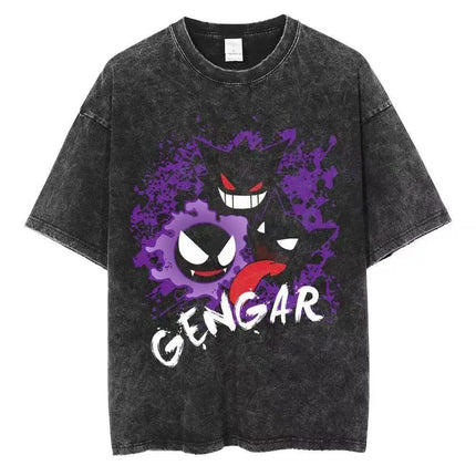 2026 Anime Washed Vintage Summer Pokemon Gengar Short Sleeve Tee Graphic T-Shirt Man Women Cosplay Casual Tops Y2k Streetwear