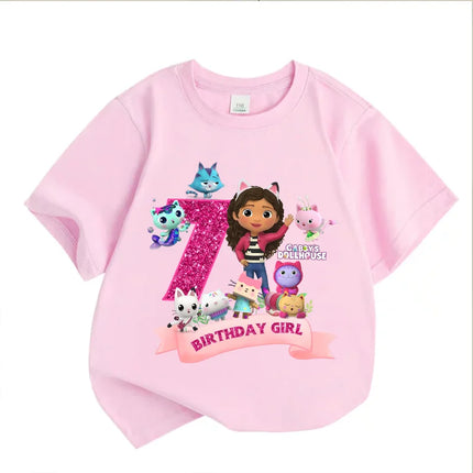 Gabby's Dollhouse Birthday Number T-shirt Girls White Pink Short Sleeve T-shirts Tops Cotton Summer Casual Party Supplies Tee