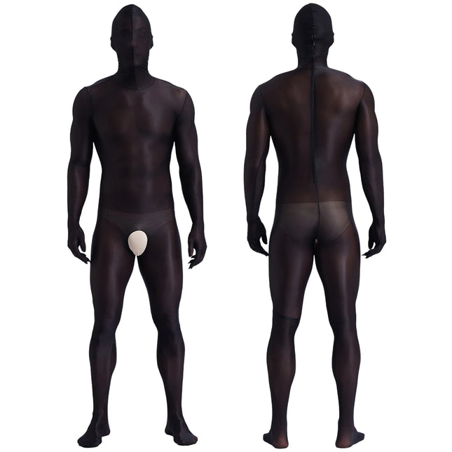 Men's Glossy Bodystocking Full Body Suit See-though Stretch Nylon One Piece Overall Catsuit with Head Mask Underwear Clubwear