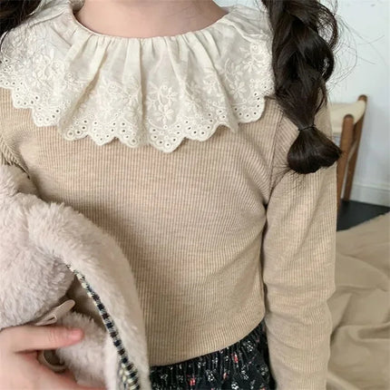 1-12 Years Long-Sleeved Shirts Children's Spring Knitted Tops Baby's Lace 2025 Lace Base Shirt Korean Girls Ruffle Collar T-shirt