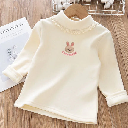 1pc Children's T-Shirt Rabbit Embroidery Velvet Warm Top Kids Half High Collar Long Sleeve Base Shirt Girls T-Shirts Clothes