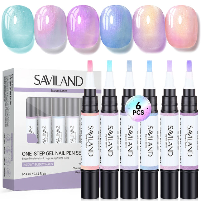 SAVILAND 6 Colors 3 in 1 Gel Polish Pens Pearl Pink Blue Aurora Effect All in One Pen 4ml for Easy Travel Use UV Lamp Needed