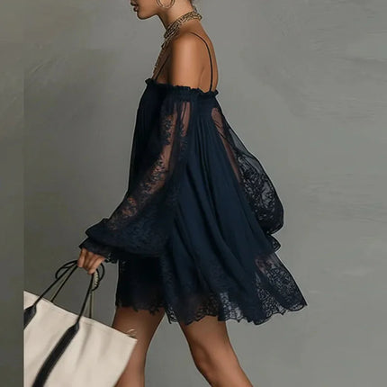 Boho Spring Off Shoulder Hollow Lace Dress Woman Elegant Puff Sleeve Ruffle Party Dresses Summer A-line Casual Holiday Mini Robe