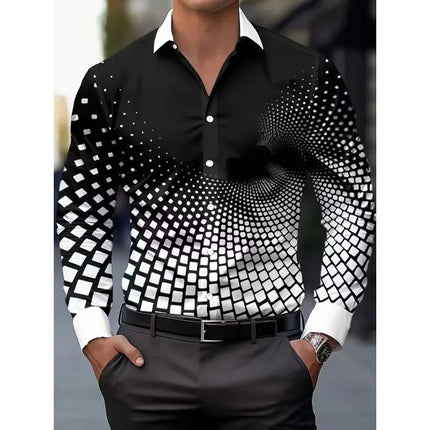 Men's Long Sleeve Geometric Line Print Dress Shirt Slim Fit Formal Casual Button Down Business Top Camisa Masculina De Negócios