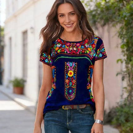 2026New European & American Women's Summer Collection | Bohemian Printed Crew Neck Short Sleeve T-Shirt