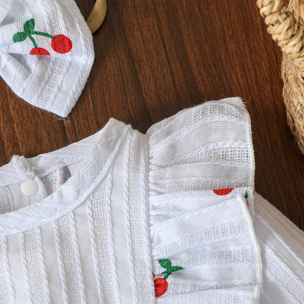 2Pcs Spring&AutumToddler Baby Girls Fly Sleeve Rompers Infant Cherry Embroidery Bodysuits Cotton Jumpsuits 0-18 M +Headband