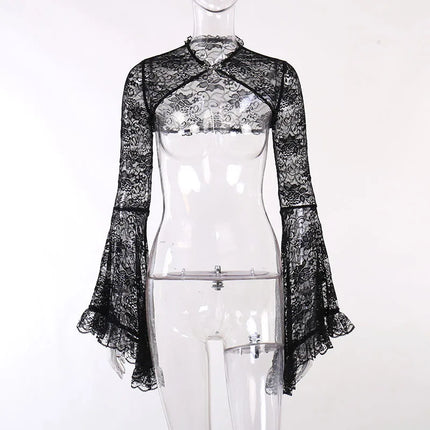 Women's Hollow Out Crop Tops Chic Gothic Lace Smock Tops False Collar Ladies Flare Sleeves Cover-Ups for Dating Party