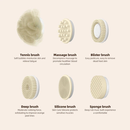 15W Smart Body Brush Electric Body Scrubber 360° Rotating Cordless Exfoliating Bath Brush 3 Gears 6-in-1 Shower Brush Heads