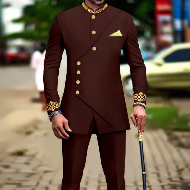 African Suits for Men Slim Fit Embroidery Full Sleeve Double Breasted Blazer and Pants Set Formal Business Dress Suit A2316051