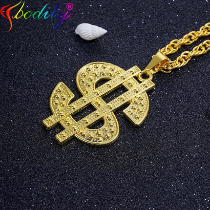 Golden Plated Hip Hop Rock Necklace Stainless Steel US Dollar Money Sign Pendant Necklace Mens Women Jewellery Gift