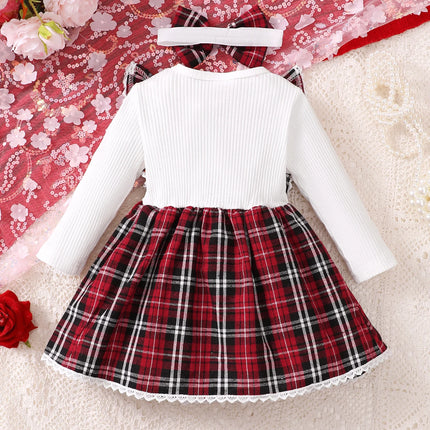 Baby girl's new fashionable plaid patchwork groove lace design bow dress and headband