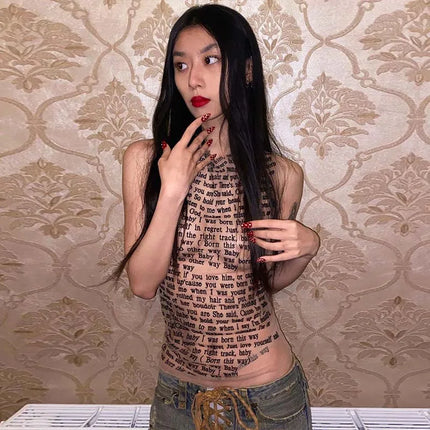 Fashion Trendy Round Collar Sleeveless Tank Mesh Sexy Article Print Slim Casual Top Women Hipster Wear