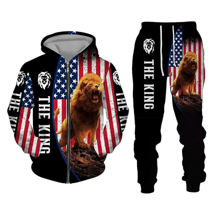 Men's Zip Hoodie Tracksuit Full Hoodies Set Lion Graphic Zipper 2 Piece Hooded Sports Outdoor Casual Sports 3D Print Streetwear