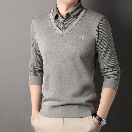 Autumn and Winter New Collection with Fleece Fake Two Piece Long Sleeved Polo Shirt for Men Fashionable and Casual Versatile Top