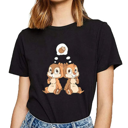 New Women's Chip And Dale Printed Casual T-shirt Street Y2k Fashion Round Neck Short Sleeve Skin-friendly Anime Oversize Clothes