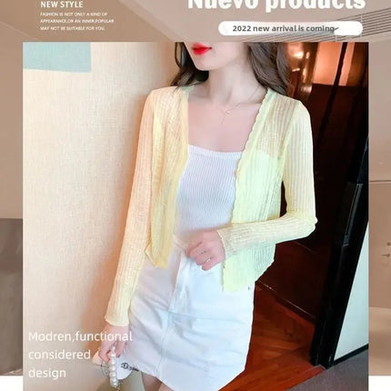 Slim Fit Knitted Long Sleeve Short Cardigan Women's Summer New Style Korean Version Thin Outerwear Pure Color Sun Protection Shi