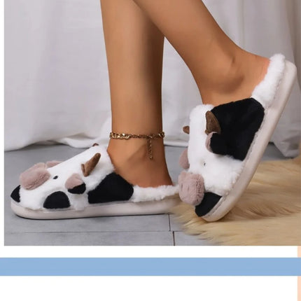 Pallene Cow milk Fuzzy Slippers Women Winter Cartoon Fur Slippers Soft Cozy Plush House Shoes Female Bedroom Cute Furry Slides