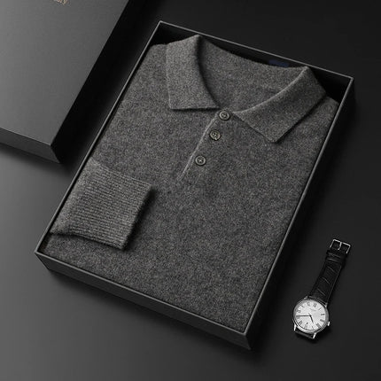 Men's POLO Collar Knitted Pullover Sweater 100% Cashmere Long Sleeved Shirt Casual Business Solid Color Men's Tops Autumn Winter