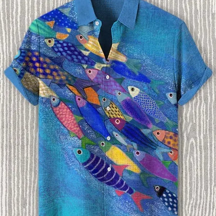 Summer Men's Casual Sea Life Graphic Short Sleeved Shirt Button Down Lapel Shirts Oversized Tops Casual Hawaiian Shirt for Men