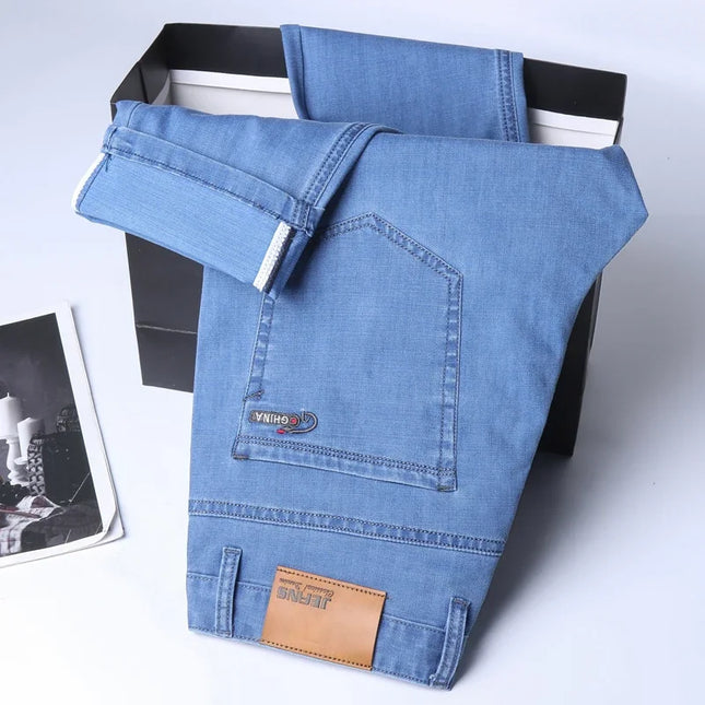 2026 New Ice Silk Thin Denim Jeans For Men Blue Straight Stretch Cotton Pants Business Casual Lightweight Trousers Spring Summer