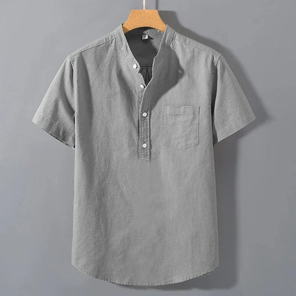 New Mens Short Sleeve T Shirts Solid Color Stand Up Collar Shirt Summer Trendy Breathable Loose Youth Basic Cotton Pocket Top