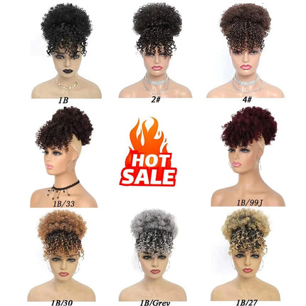 Synthetic Afro Puff Drawstring Ponytail with Bangs Short Afro Kinky Curly Ponytail Extension Updo Hairpiece Ponytail Bun
